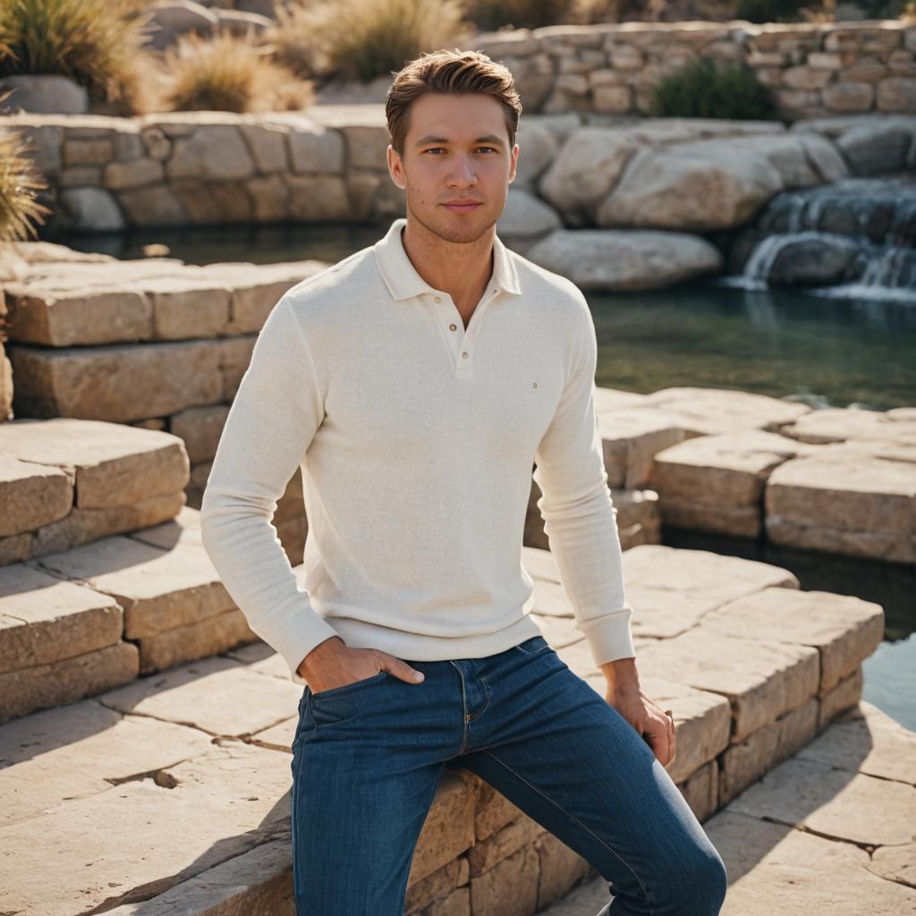 Man Posing by Serene Waterfall