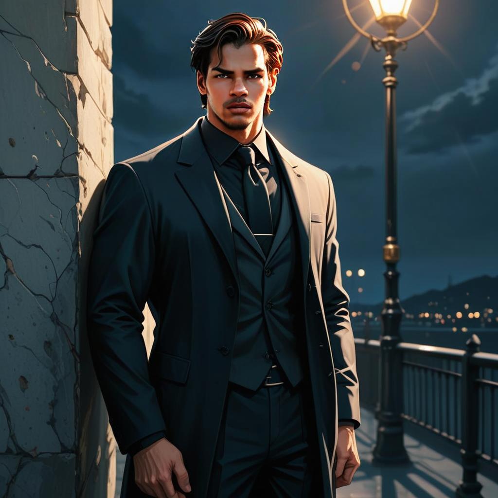Stylish man in dark suit by cracked wall at night