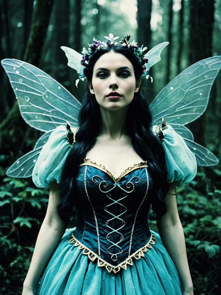 Enchanting Woman in Blue Fairy Costume with Wings in Forest