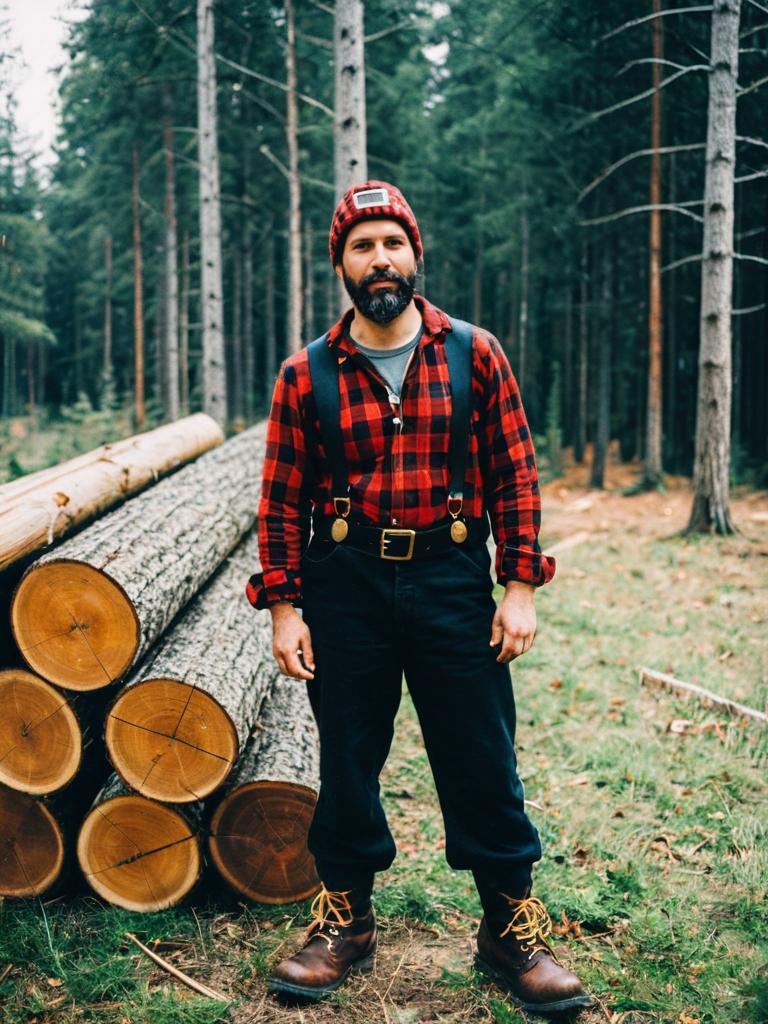 Man in Lumberjack Costume Standing Outdoors by Logs in Forest
