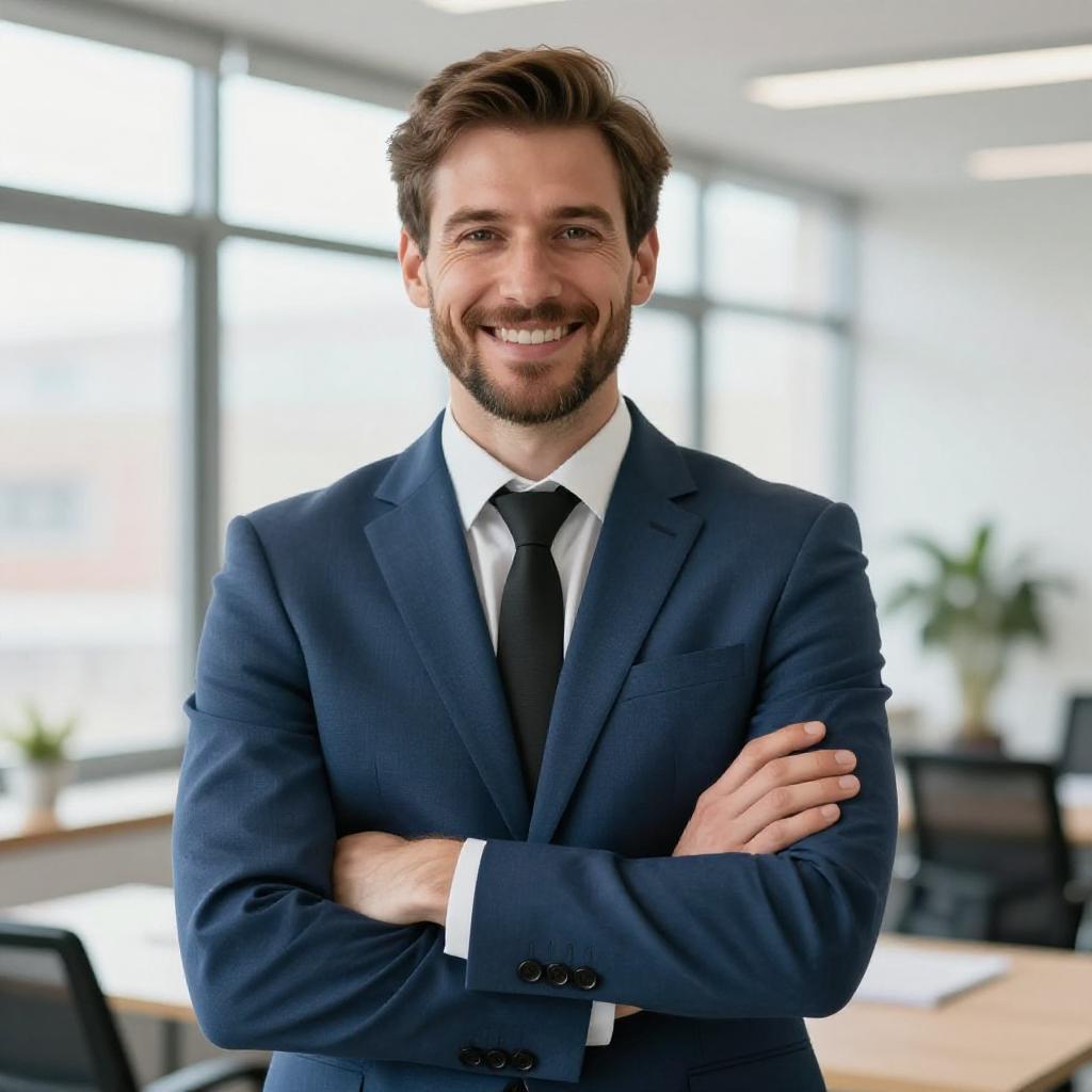 Confident Young Man in Blue Suit Smiling in Modern Office