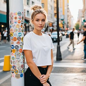 Young Woman Standing by Sticker-Covered Pole in Urban Street