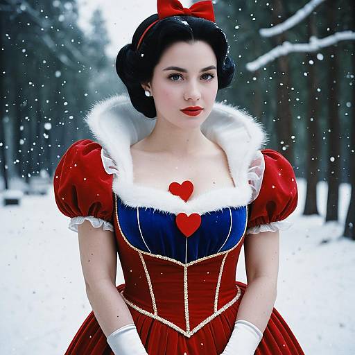 Woman in Disney Queen of Hearts Snow White Inspired Red Dress in Snowy Forest