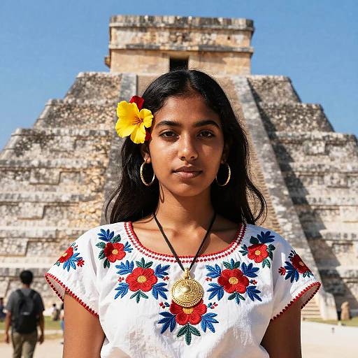 Young Woman in Traditional Embroidered Blouse at Mayan Pyramid