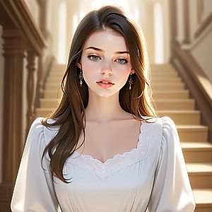 Young Woman in Elegant White Gown - Anime Style Portrait