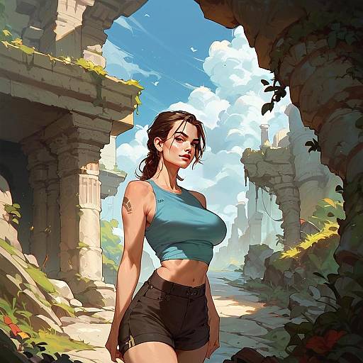 Anime Style Woman in Ancient Ruins Digital Illustration