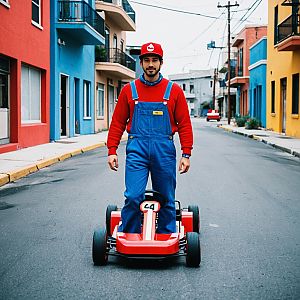 Man in Super Mario Costume Standing with Red Go-Kart on Urban Street