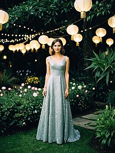 Elegant Woman in Silver Gown in Garden with Lantern Lights