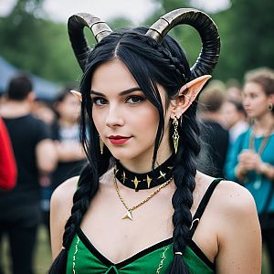 Elf Woman with Curved Horns and Braided Hair