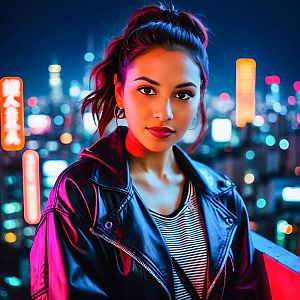 Confident Woman in Neon Cityscape