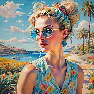 Stylish Woman by Coastal Path with Beach Background