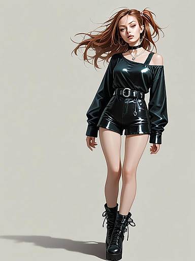 Contemporary Chic Woman in Glossy Black Outfit Full Body Realistic Portrait