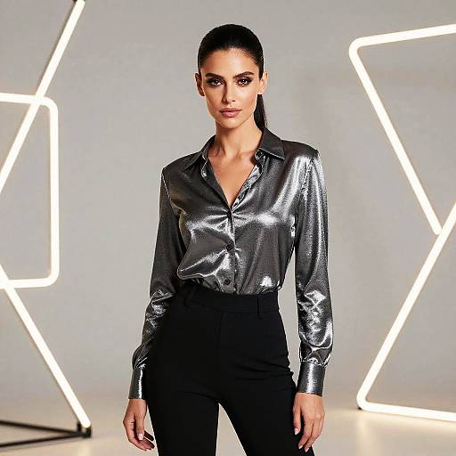 Elegant Woman Wearing Metallic Silver Shirt and Black Pants Against Geometric Light Background