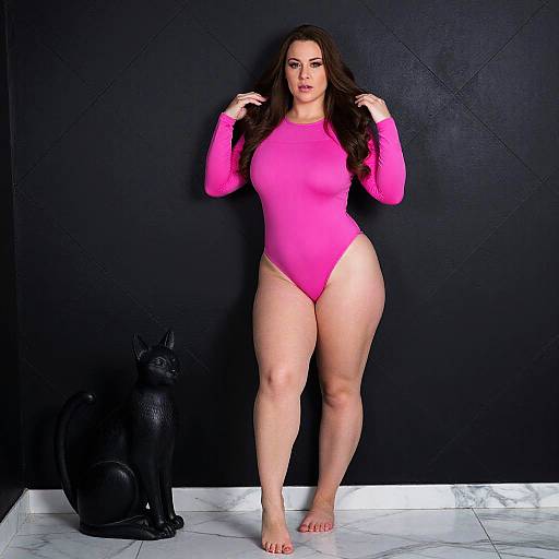 Woman in Pink Bodysuit Standing with Black Cat Sculpture Against Dark Wall