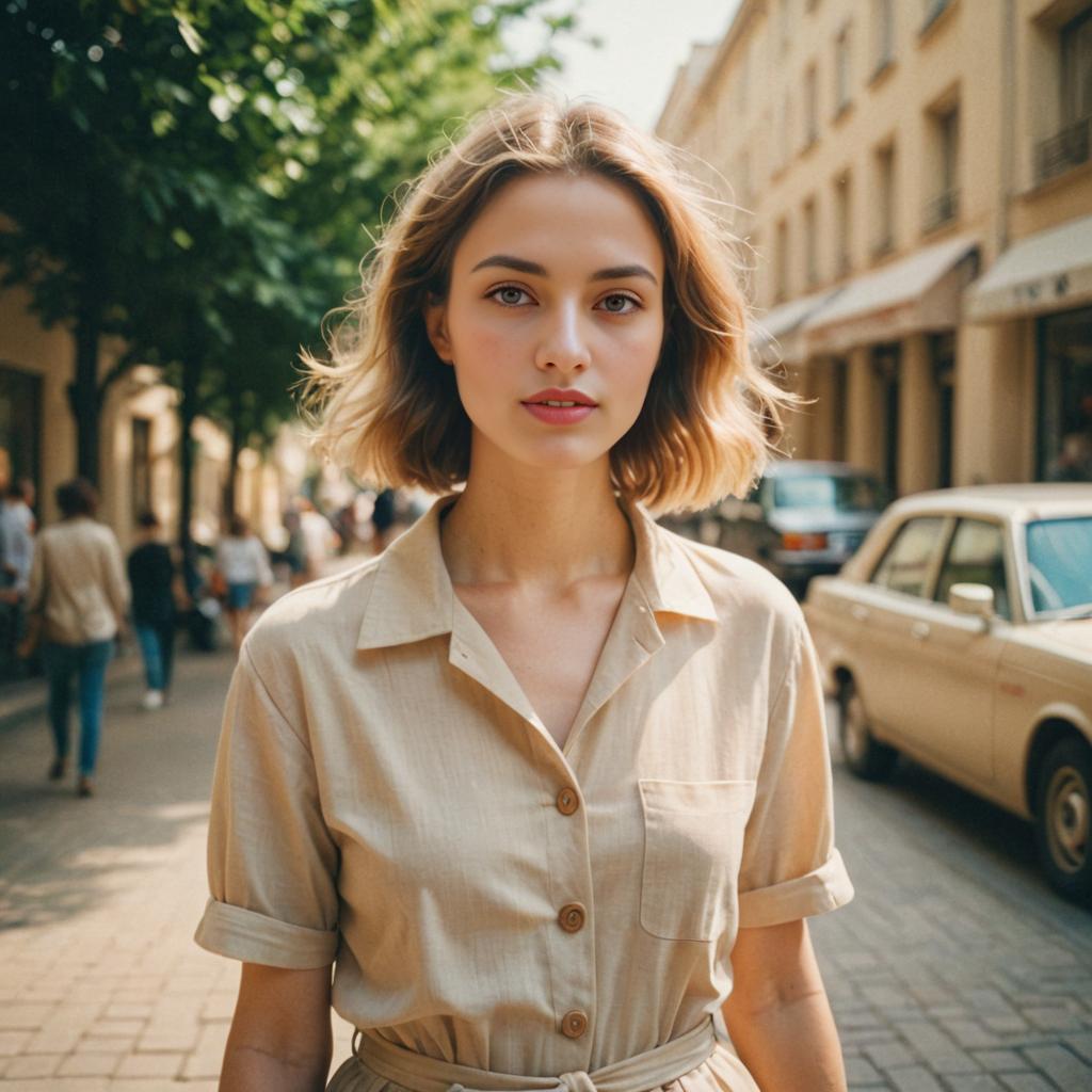 Confident Woman in Stylish Beige on City Street