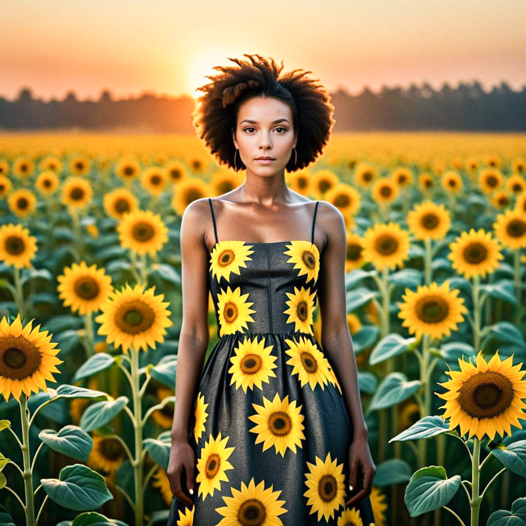 Confident Woman in Sunflower Field at Sunset