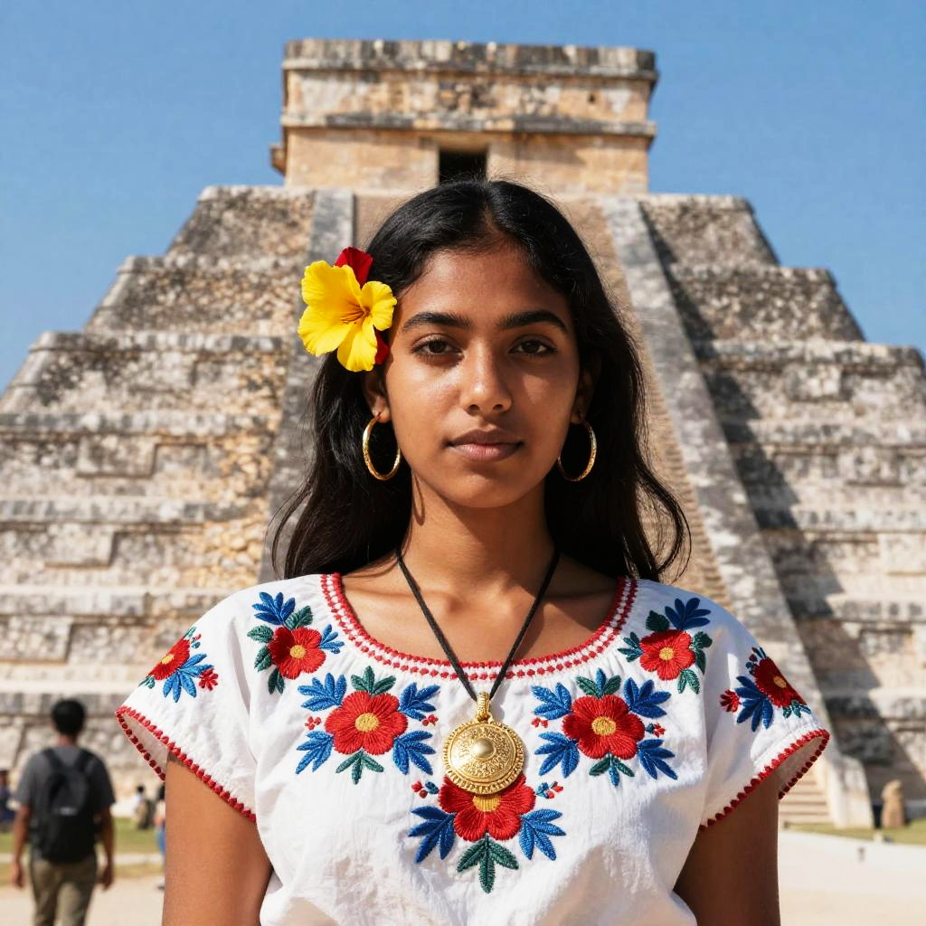 Young Woman in Traditional Embroidered Blouse at Mayan Pyramid
