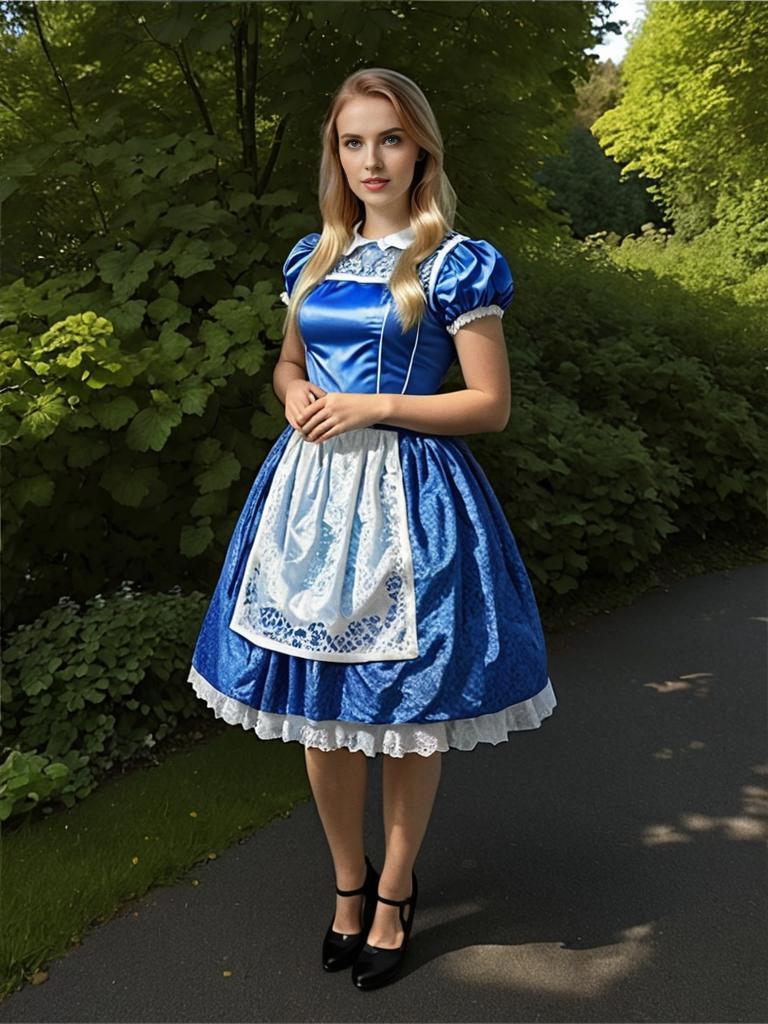 Young Woman in Blue Dress with Apron