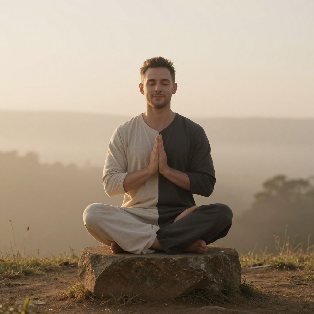 Meditative Young Man Practicing Yoga at Sunrise Outdoors