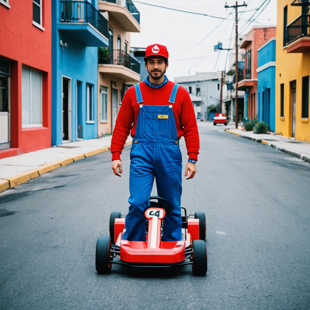 Man in Super Mario Costume Standing with Red Go-Kart on Urban Street