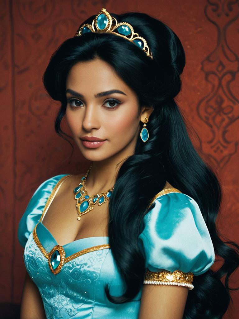 Disney Princess Jasmine Inspired Woman in Turquoise Costume with Jewelry