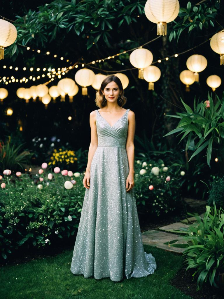 Elegant Woman in Silver Gown in Garden with Lantern Lights