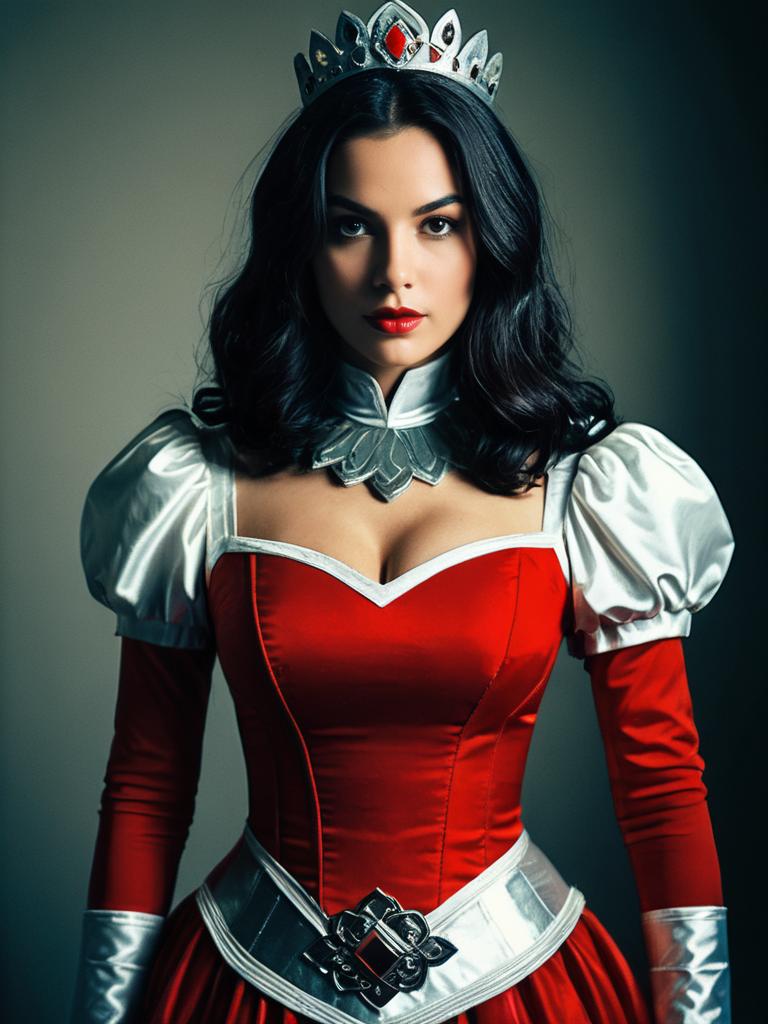 Woman in Red and Silver Queen Costume Waist Up Editorial Portrait