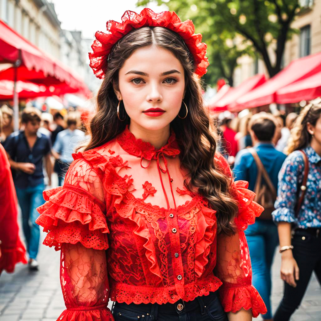 Young Woman in Red Lace Blouse at Market