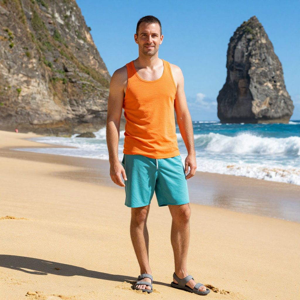 Man on Sandy Beach with Rocky Cliffs and Ocean View