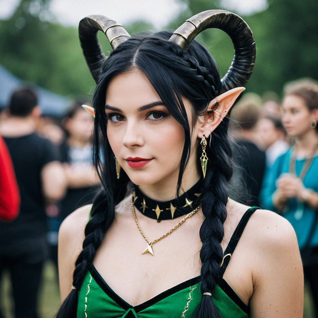 Elf Woman with Curved Horns and Braided Hair