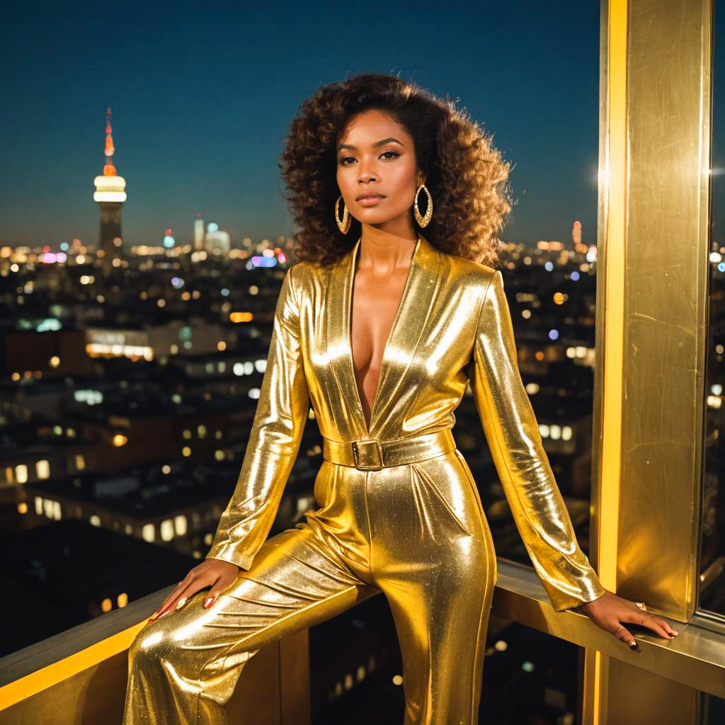 Elegant Woman in Gold Outfit Against Vibrant City Skyline