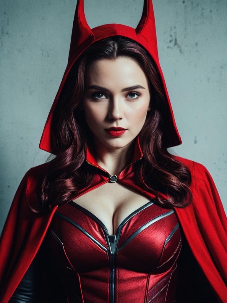 Photorealistic Scarlet Witch Woman Waist Up Editorial Portrait