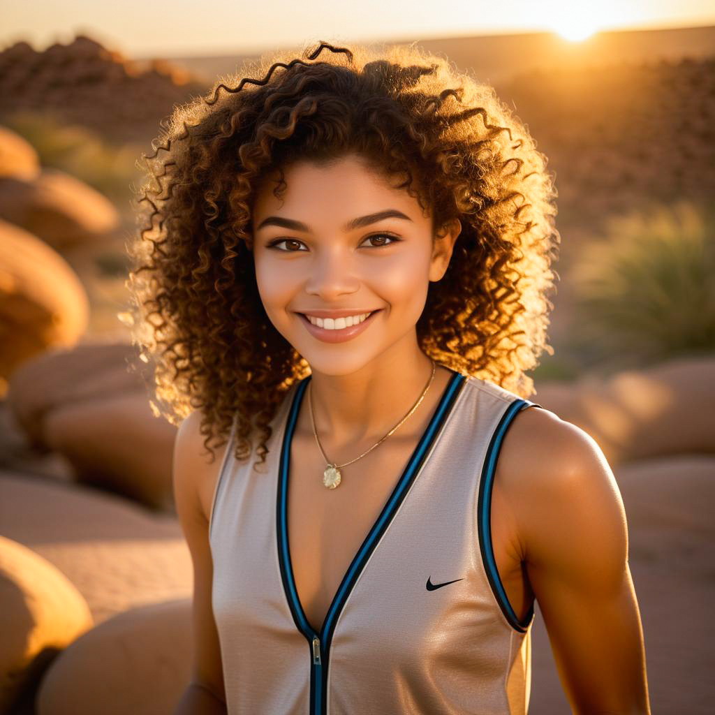 Joyful Woman in Nike Outfit at Sunset