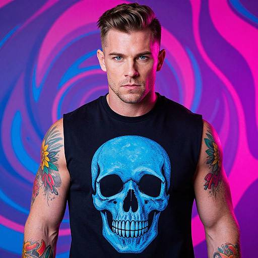 Man Wearing Black Shirt with Blue Skull Graphic and Colorful Tattoos