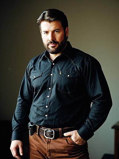Confident Man in Black Shirt and Brown Pants with Facial Hair