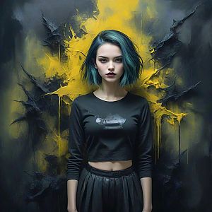 Bold Woman Against Vibrant Abstract Background