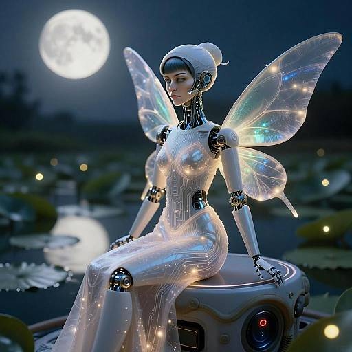 Futuristic Robot Woman with Glowing Wings at Night by the Moon