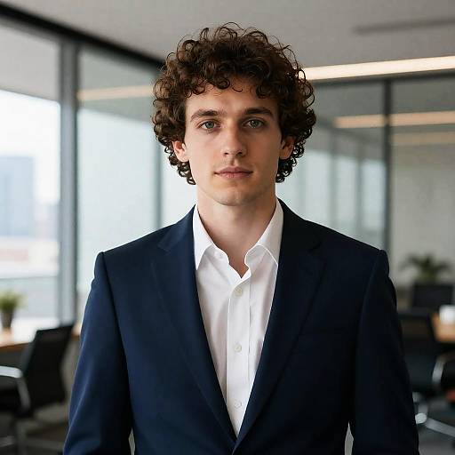 Confident Young Man in Navy Suit in Modern Office