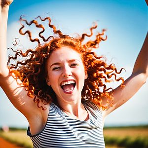 Joyful woman with red curly hair in blue sky