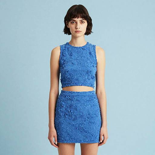 Young Woman in Textured Blue Crop Top and Skirt Set Fashion