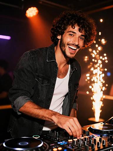 Energetic Young Man DJ Performing at Party with Colorful Lights