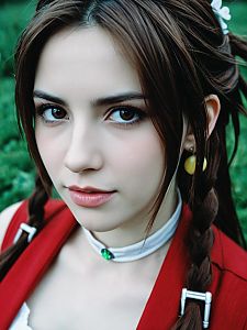 Photorealistic Close-Up of Woman in Aerith Cosplay Costume