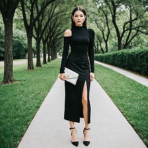 Stylish Woman in Black Dress on Tree-Lined Pathway