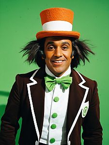 Man in Oompa Loompa Costume with Orange Top Hat and Green Bow Tie