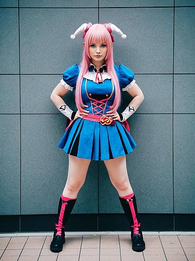 Anime-Inspired Woman in Blue and Pink Cosplay Outfit with Pink Hair