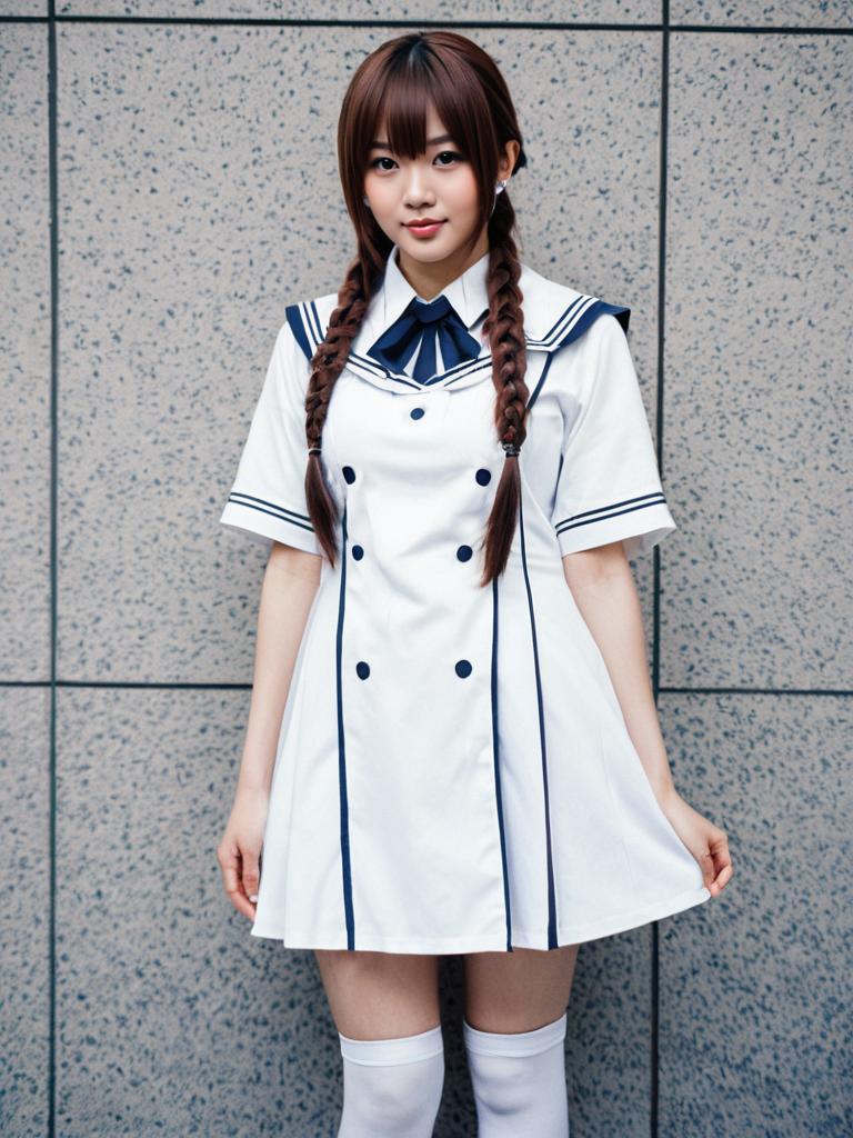 Young Woman in Japanese Sailor-Style School Dress with Twin Braids