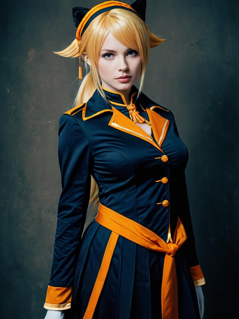 Realistic Sena Character Cosplay Woman in Navy Blue and Orange Costume