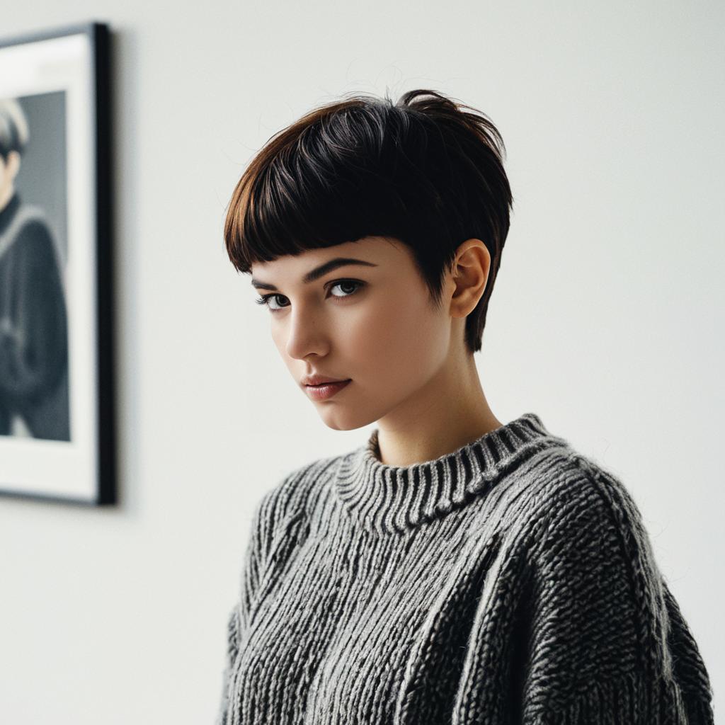 Portrait of Woman with Pixie Haircut in Gray Knitted Sweater
