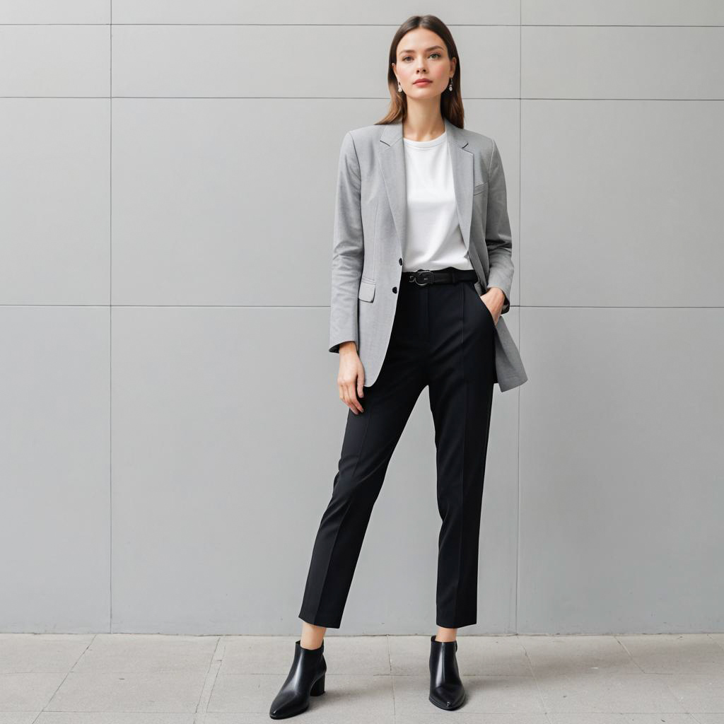 Confident Woman in Chic Gray Blazer and Black Trousers