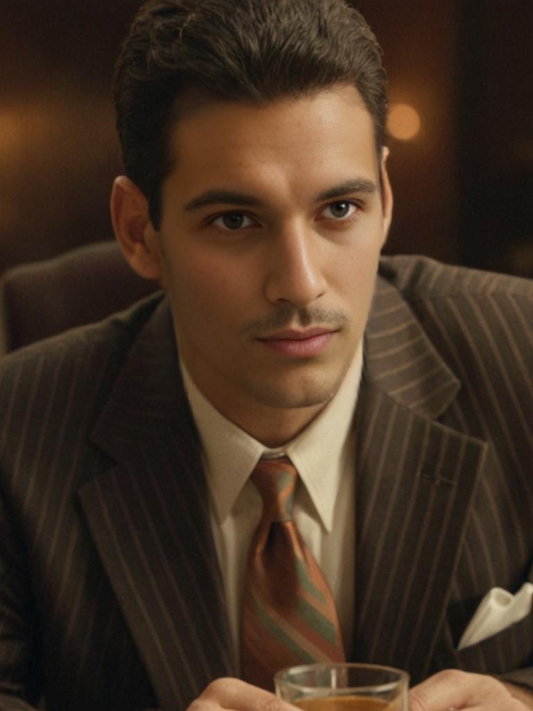 Dapper Man in Pinstripe Suit with Contemplative Gaze